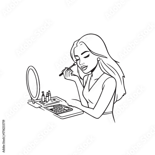 Black and white line art of a beautiful woman doing makeup at dressing table with mirror illustration