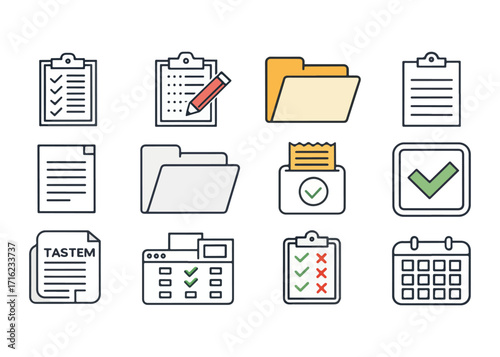 Business and office icon set featuring documents files clipboards calendars and check marks for project management and organization
