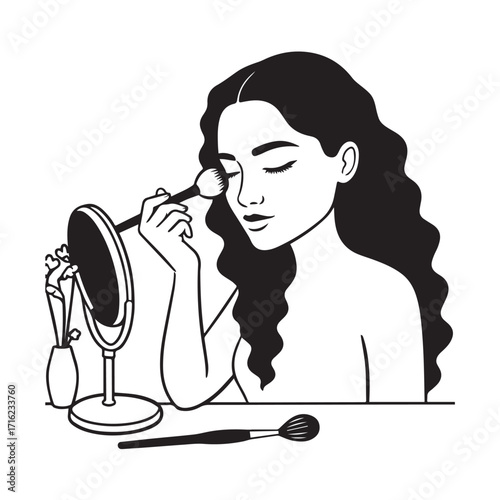 Black and white line art of a beautiful woman doing makeup at dressing table with mirror illustration