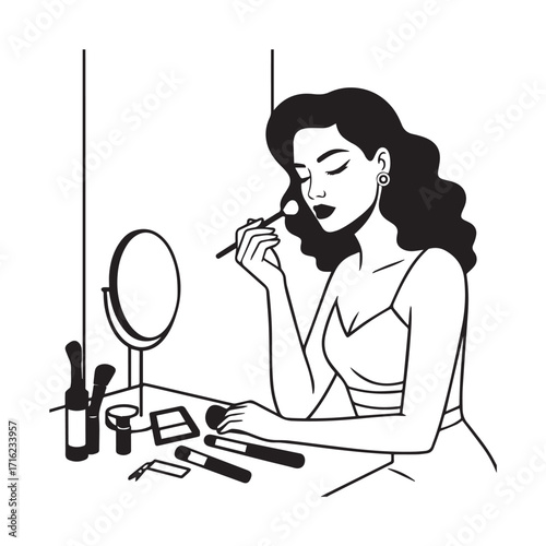Black and white line art of a beautiful woman doing makeup at dressing table with mirror illustration