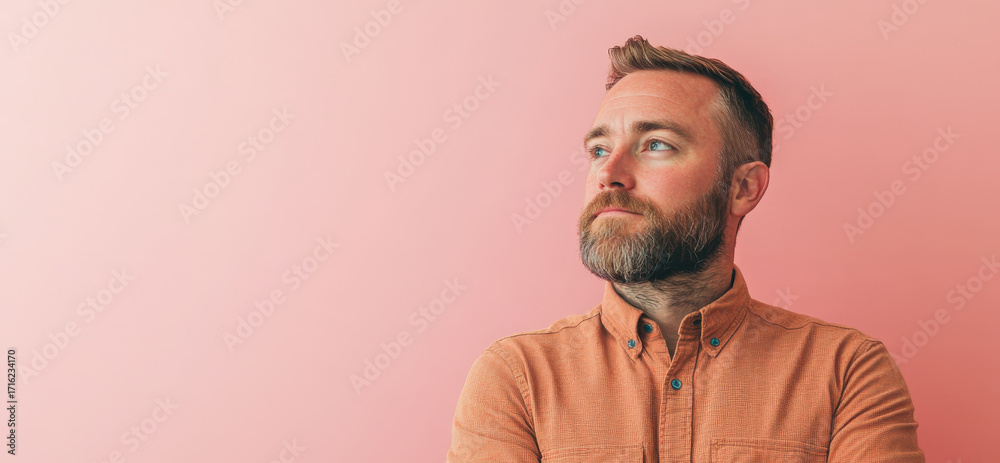 Fototapeta premium Confident Man in Casual Attire Posing Against a Pink Background