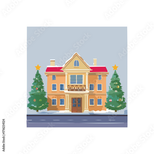 A festive illustration depicts a snow-covered house with Christmas trees flanking the entrance.