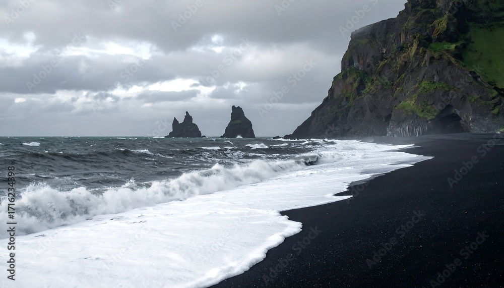 Obraz premium Dramatic black sand beach scene with dramatic waves and dark cliffs