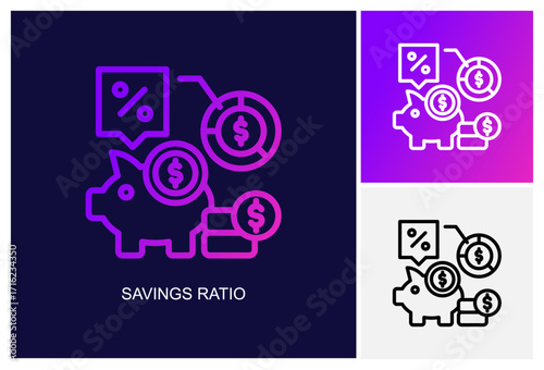 Savings Ratio Icon.Style Is A Line Graphic Symbol In Black, Gradient, White Color Variants