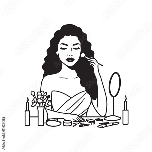 Black and white line art of a beautiful woman doing makeup at dressing table with mirror illustration