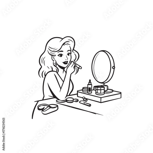 Black and white line art of a beautiful woman doing makeup at dressing table with mirror illustration