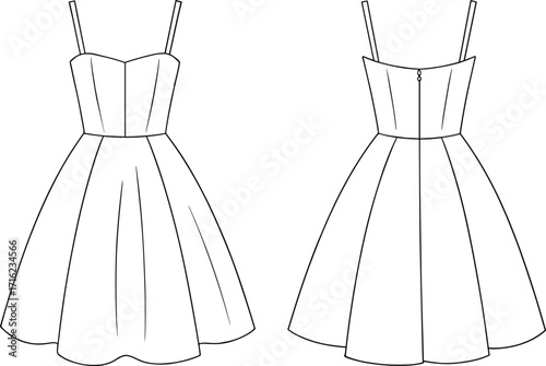 Elegant A-Line Dress Design, Front and Back View, Fashion Technical Sketch, Strapless Bodice, Flared Skirt, Zipper Closure, Women's Evening Wear, Vector Illustration