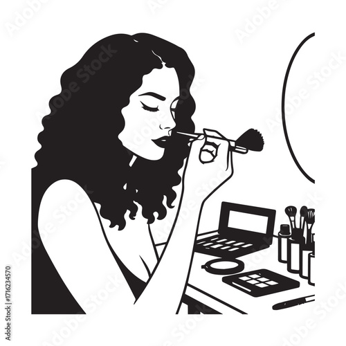 Black and white line art of a beautiful woman doing makeup at dressing table with mirror illustration