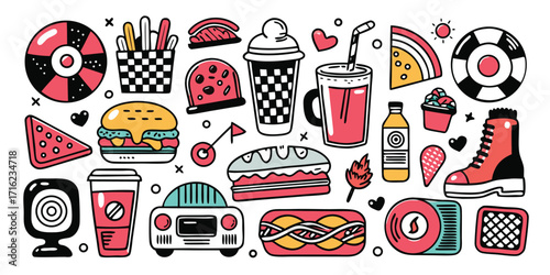Pop art food and objects collection fun vibrant retro style for parties and events