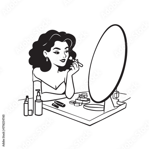 Black and white line art of a beautiful woman doing makeup at dressing table with mirror illustration