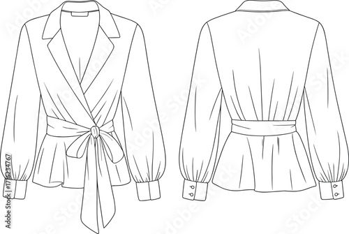 Elegant Women's Wrap Blouse with Puff Sleeves and Belted Waist, Front and Back View, Fashion Design Sketch, Long Sleeve Shirt, Collar Detail, Technical Drawing, Style Template