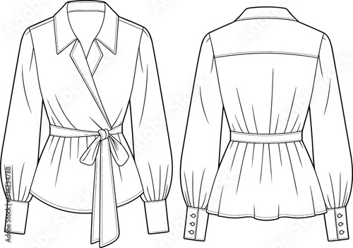 Elegant Women's Wrap Blouse Design, Front and Back View, Fashion Sketch, Long Sleeve Shirt, Belted Waist, Collar Detail, Puff Sleeve, Technical Drawing, Style Template
