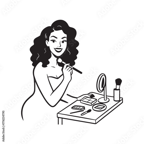 Black and white line art of a beautiful woman doing makeup at dressing table with mirror illustration
