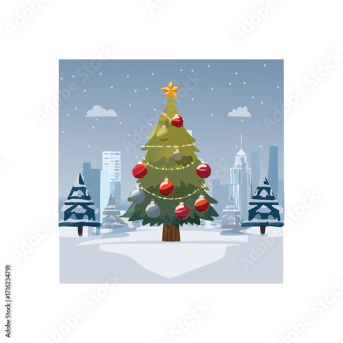 A decorated Christmas tree stands proudly in a snowy city park, showcasing festive cheer against a backdrop of skyscrapers.