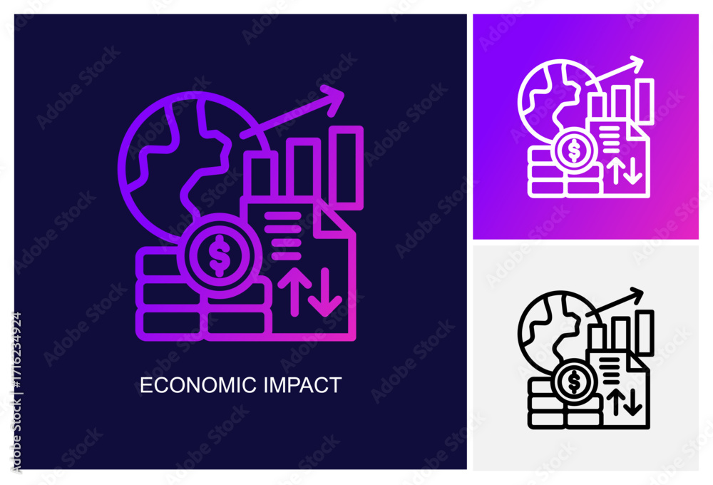 Naklejka premium Economic Impact Icon.Style Is A Line Graphic Symbol In Black, Gradient, White Color Variants