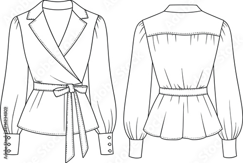 Wrap blouse with bow belt and puff sleeves, front and back view, fashion illustration, women's top, elegant design, long sleeve, peplum waist, vector sketch, garment pattern, fashion drawing