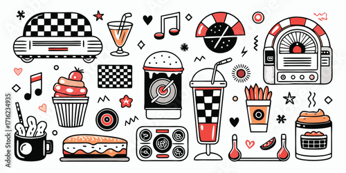 Retro 50s diner theme elements with jukebox cupcakes and drinks on