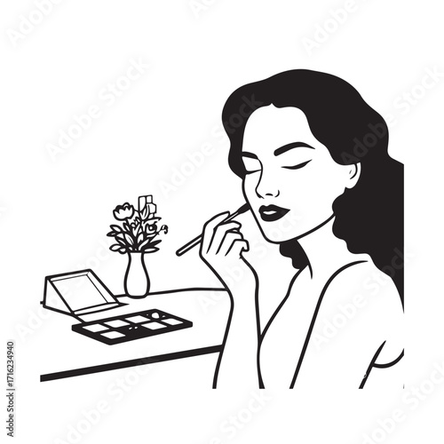 Black and white line art of a beautiful woman doing makeup at dressing table with mirror illustration