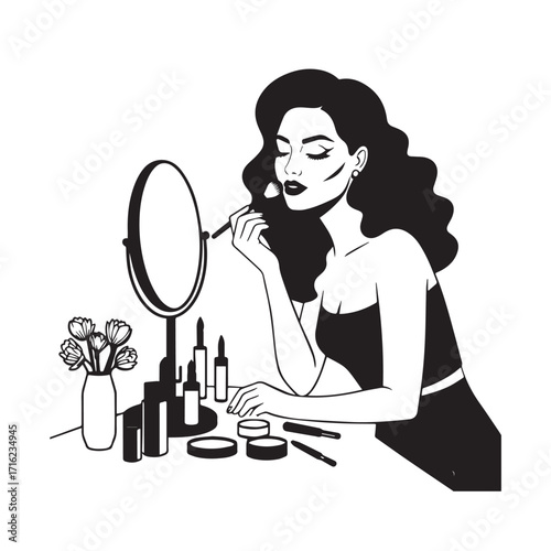 Black and white line art of a beautiful woman doing makeup at dressing table with mirror illustration