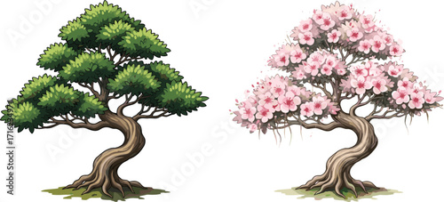 Beautiful bonsai tree illustration with pink cherry blossom flowers, green foliage artwork, seasonal nature design, Japanese garden landscape, oriental style