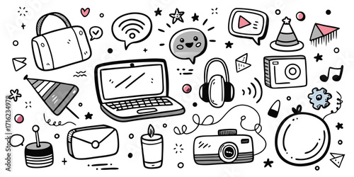 Doodle collage of technology gadgets and celebration items for parties and fun