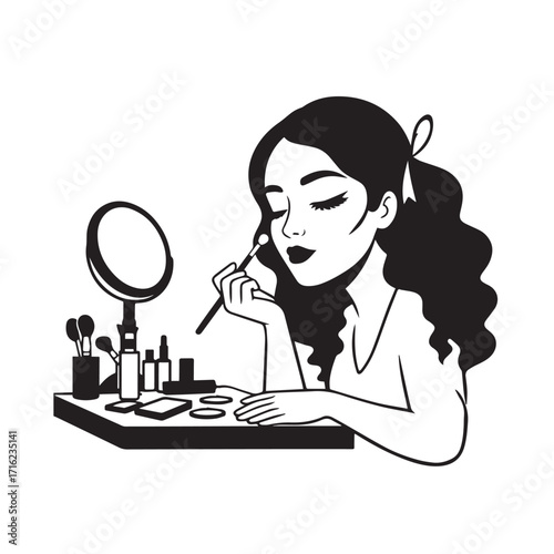 Black and white line art of a beautiful woman doing makeup at dressing table with mirror illustration