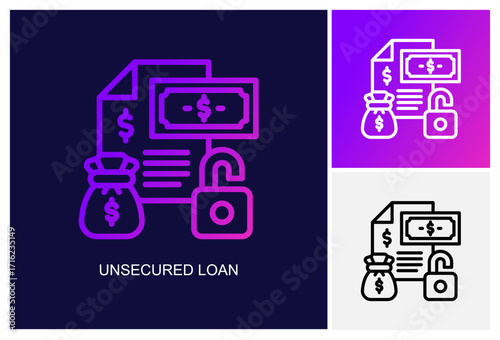 Unsecured Loan Icon.Style Is A Line Graphic Symbol In Black, Gradient, White Color Variants