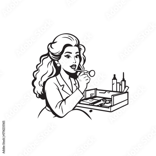 Black and white line art of a beautiful woman doing makeup at dressing table with mirror illustration