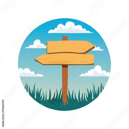Two wooden arrow signs pointing in opposite directions, set against a blue sky with clouds and green grass.