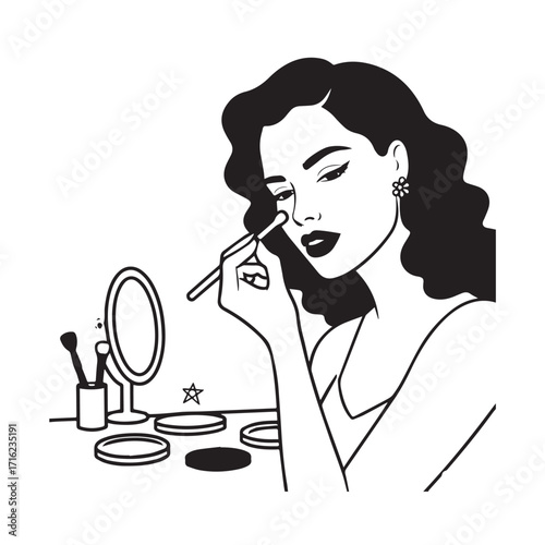 Black and white line art of a beautiful woman doing makeup at dressing table with mirror illustration