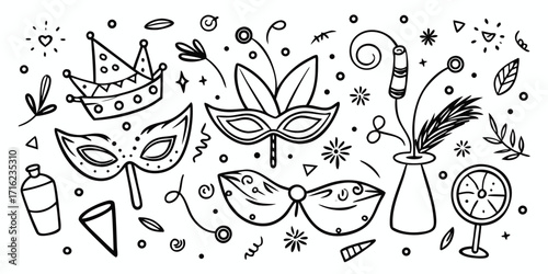 Whimsical hand drawn masquerade party elements featuring masks and festive decorations