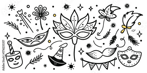 Whimsical hand drawn carnival masquerade masks feathers and festive elements for celebration