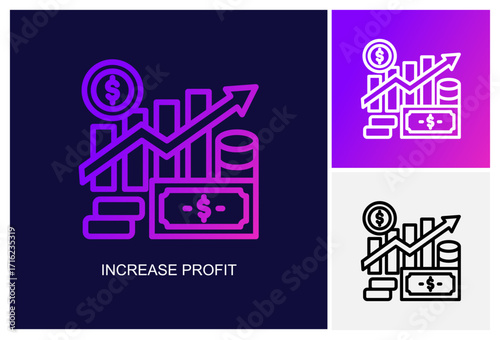 Increase Profit Icon.Style Is A Line Graphic Symbol In Black, Gradient, White Color Variants