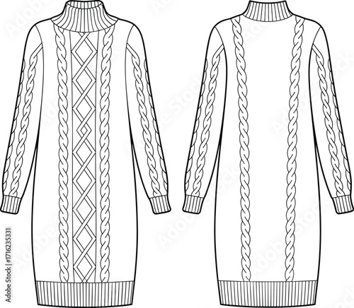 Cable knit sweater dress design, front and back view, fashion illustration, knitted pattern, turtleneck dress, long sleeve, winter wear, women's clothing, vector outline, fashion sketch
