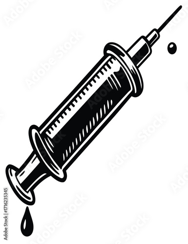 Syringe with needle filled with blood isolated on white background medical injection tool closeup