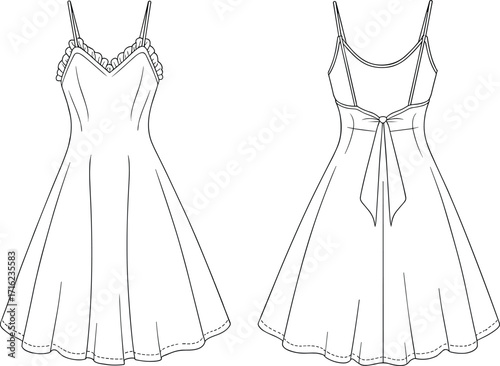 Fashion Dress Design Sketch, Front and Back View, Sleeveless Summer Dress, Line Art, Fashion Illustrator, Style Template, Vector Outfit, Clothing Pattern, Women's Dress, Elegant A-Line Dress