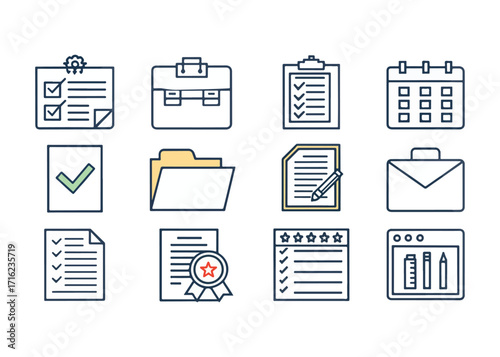 Business Office and Management Vector Icon Set for Organization and Productivity Including Calendar Document Checklist and Briefcase