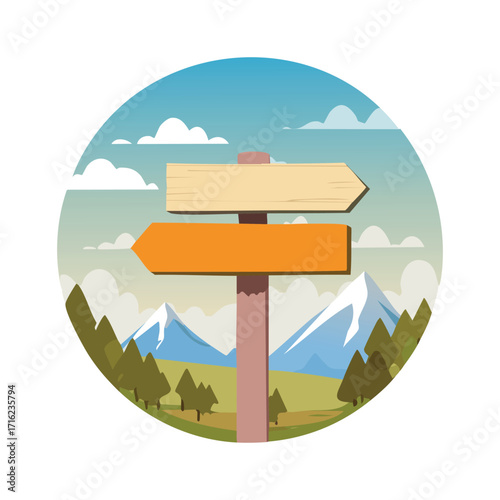 A circular illustration of a wooden signpost pointing towards a mountainous landscape with trees and clouds.