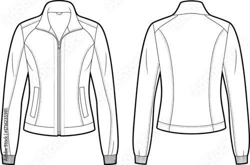Women's slim fit zip-up jacket technical flat sketch, activewear outerwear design template, sporty fashion drawing for fashion design projects
