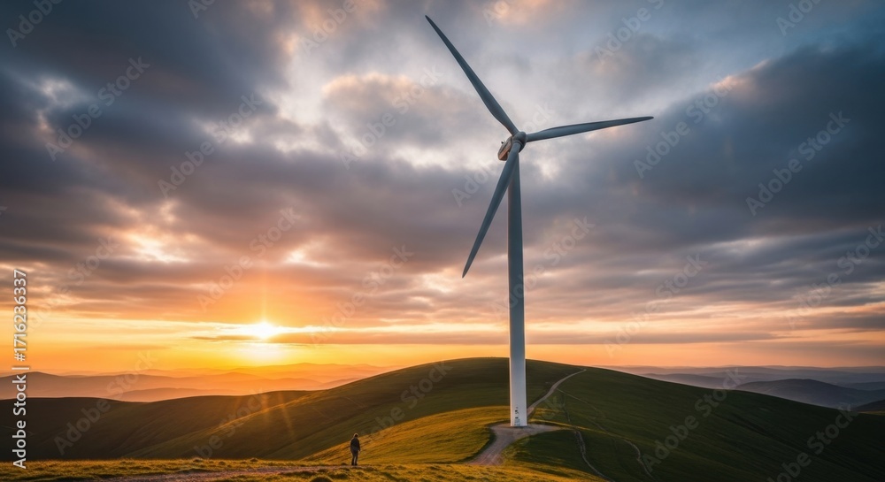 Obraz premium Majestic Wind Turbine on a Grassy Hillside at Sunset