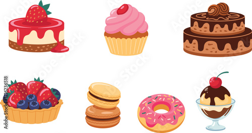Sweet desserts collection, cheesecake, cupcake, chocolate cake, fruit tart, macaron, donut, ice cream sundae, delicious treats, baked goods, candy dessert, 