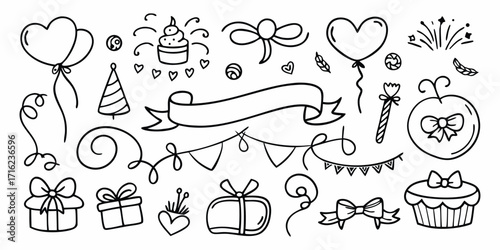 Hand drawn celebration elements collection with balloons gifts cupcakes ribbons and party decorations
