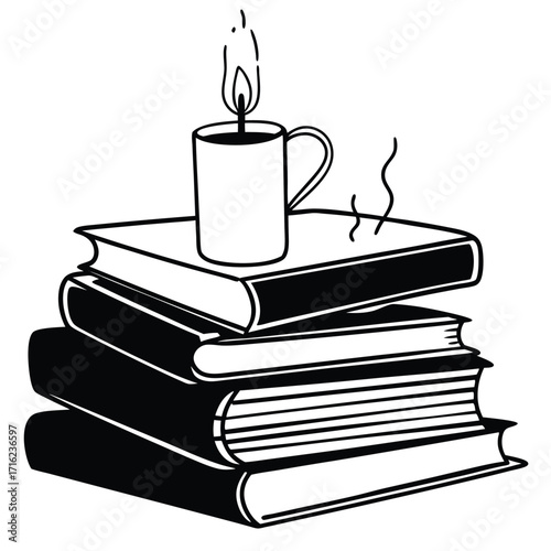 Minimalist vector line art illustration of a stack of books in grayscale and vibrant colors