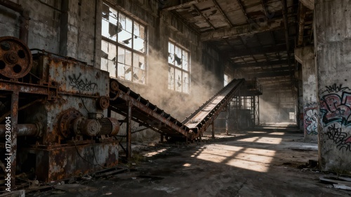 Wallpaper Mural Sunbeams pierce the dusty interior of an abandoned industrial building, highlighting rusted machinery and graffiti-covered walls. Torontodigital.ca