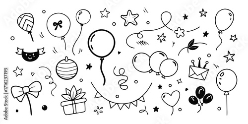 Hand-drawn celebration elements collection balloon gift bow star garland party icons line art