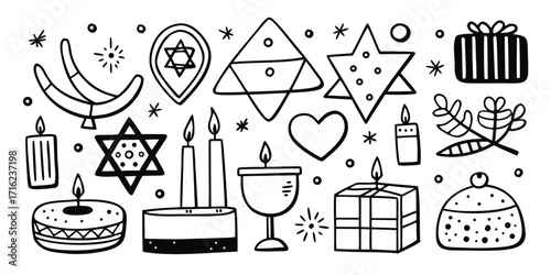 Collection of hanukkah symbols including menorah candles stars of david and gifts in doodle style