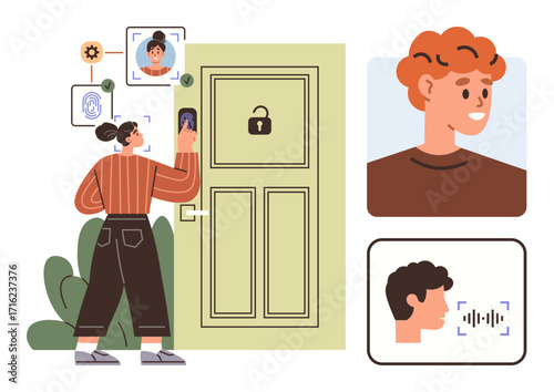 Person using biometric systems thumbs up fingerprint, facial recognition, and voice commands for secure door access. Ideal for technology, security, innovation, authentication, privacy, smart home