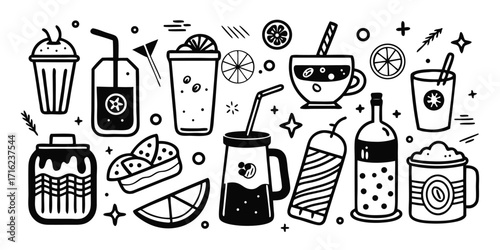 Hand-drawn doodle collection of refreshing drinks and snacks perfect for cafes and more