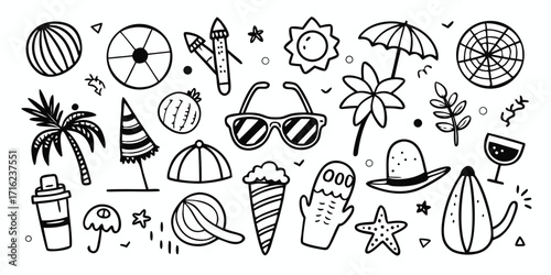 Drawn summer beach icons collage fun vacation beachwear sunglasses ice cream palm tree vacation