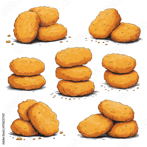 Delicious Chicken Nuggets Illustration Featuring Multiple Arrangements on White Background Perfect for Food Related Projects and Culinary Designs